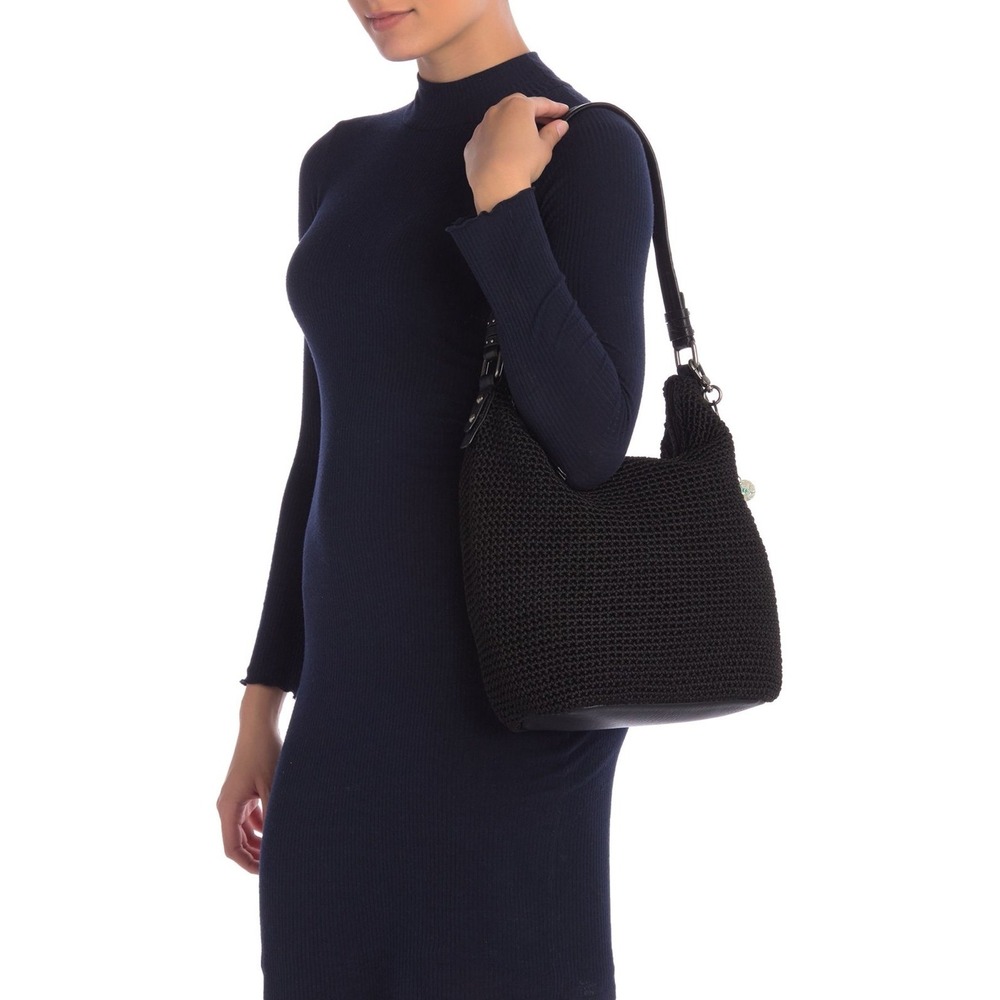 The Sak Sequoia Black Hand Crochet Hobo Shoulder Bag Leather NWOT. Retail $149